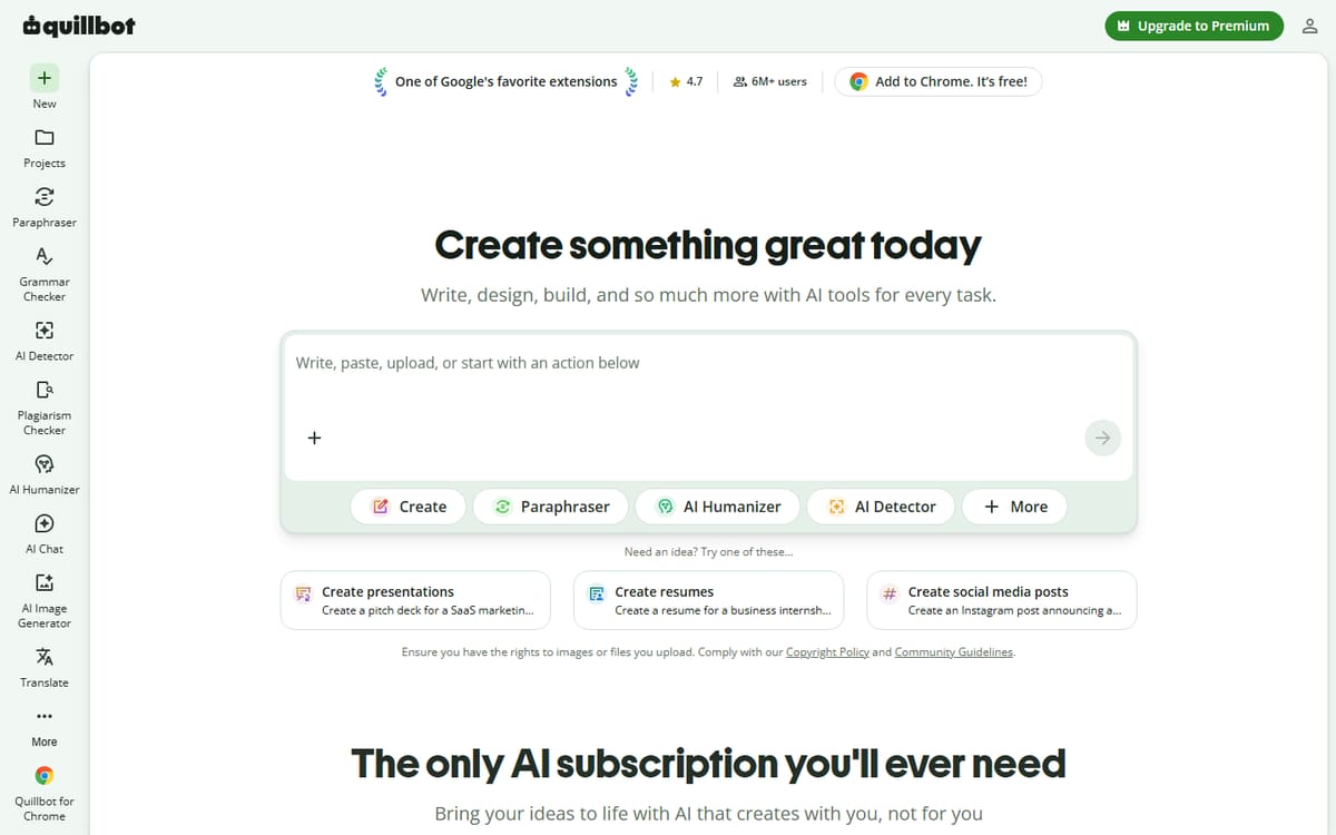 QuillBot homepage (screenshot captured July 2026).