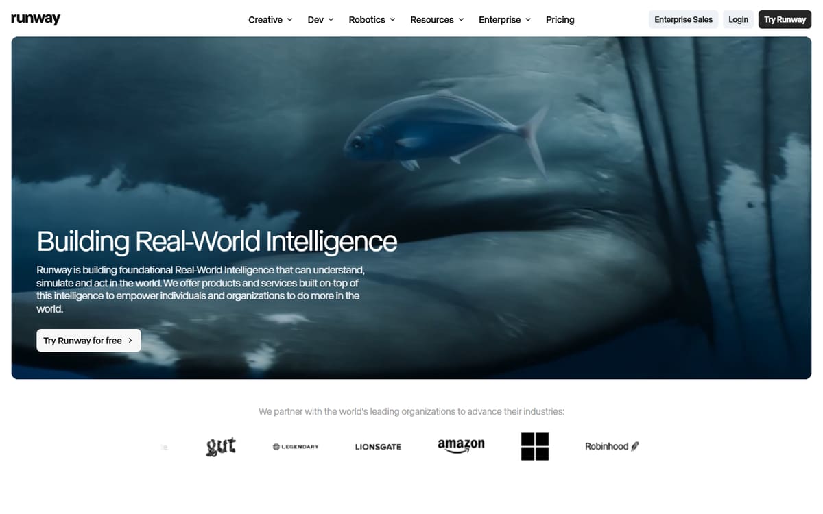 Runway homepage (screenshot captured July 2026).