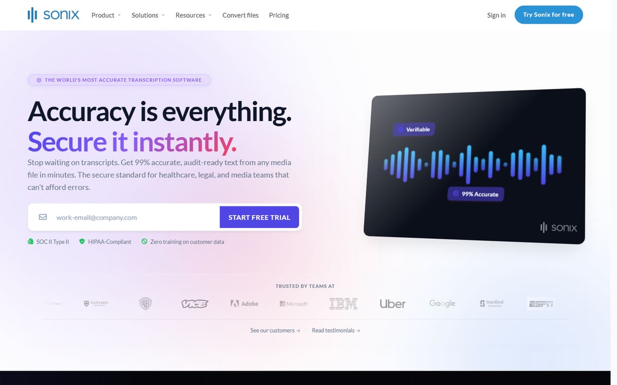 Sonix homepage (screenshot captured July 2026).