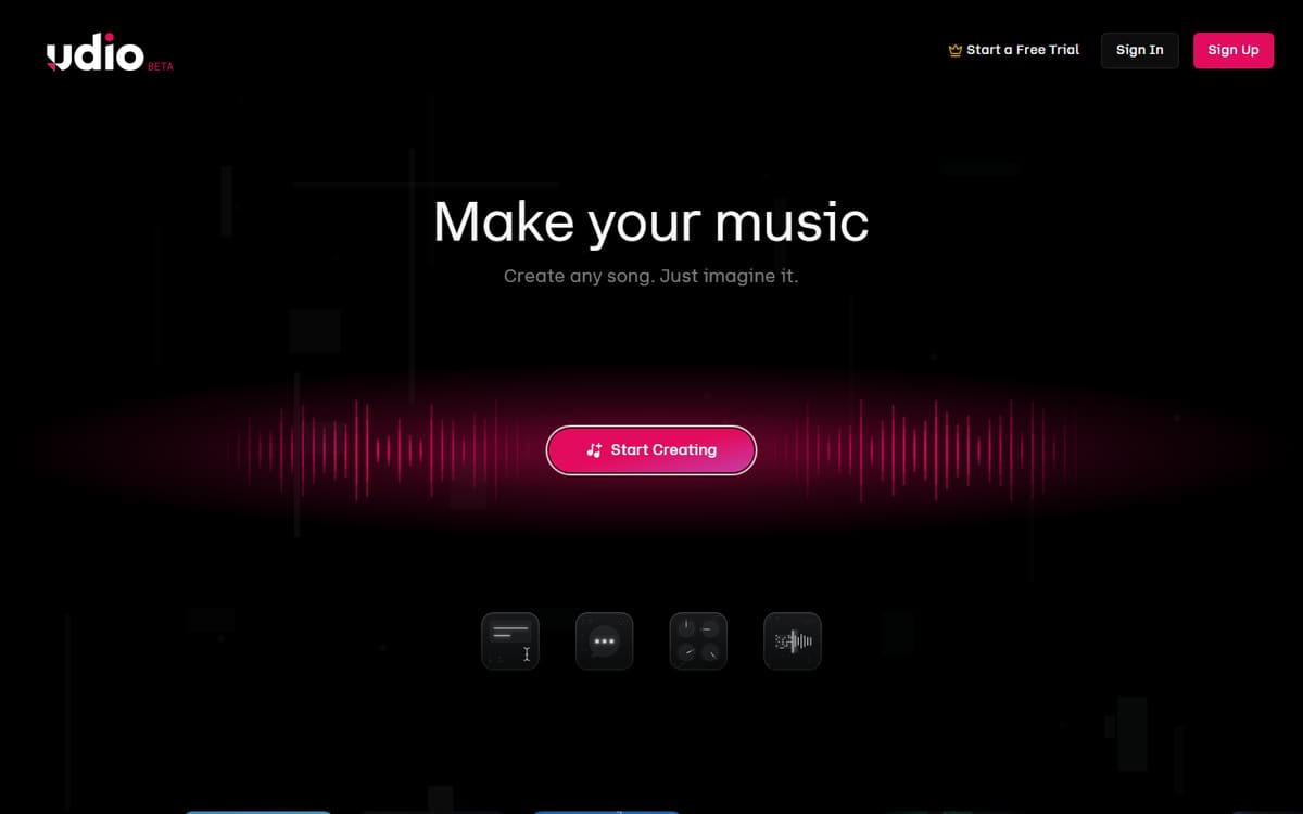 Udio homepage (screenshot captured July 2026).